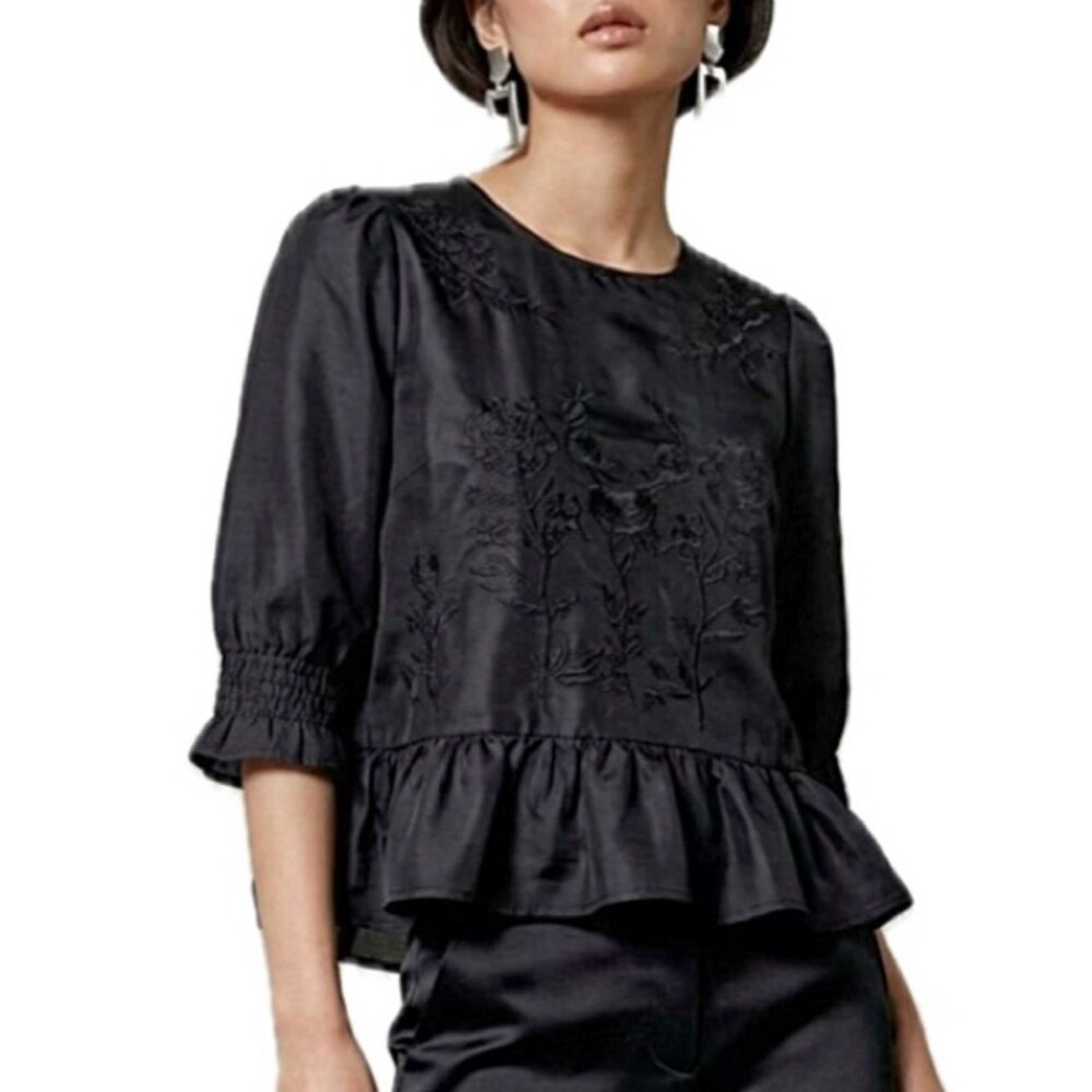 ZARA Black Peplum Ruffle Hem Top Womens Size XS Embroidered Rose Floral Blouse